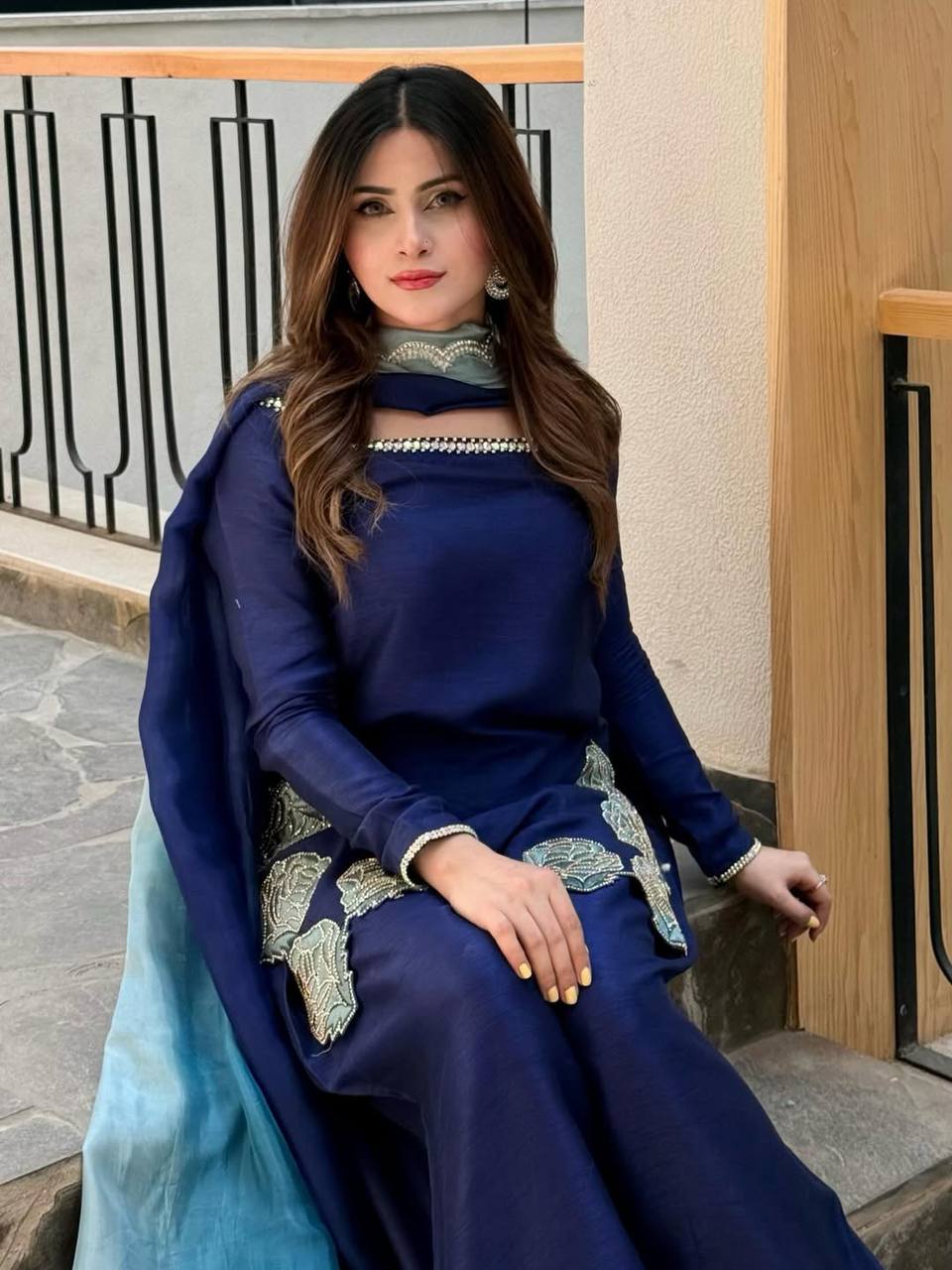 Royal Blue Natural Crep Silk Farshi Suit