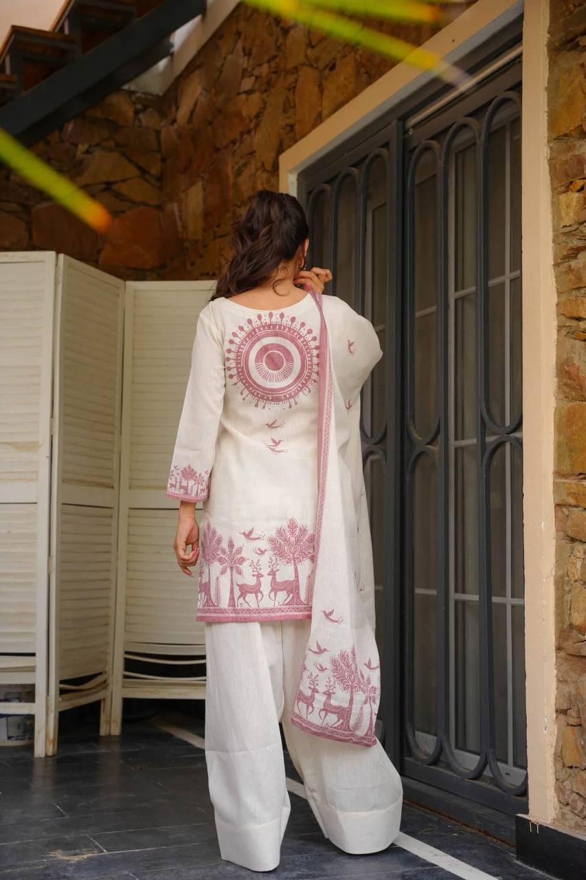 Pink Floral Printed & Embroidered Cotton Suit Set with Straight Kurta & Farshi salwar