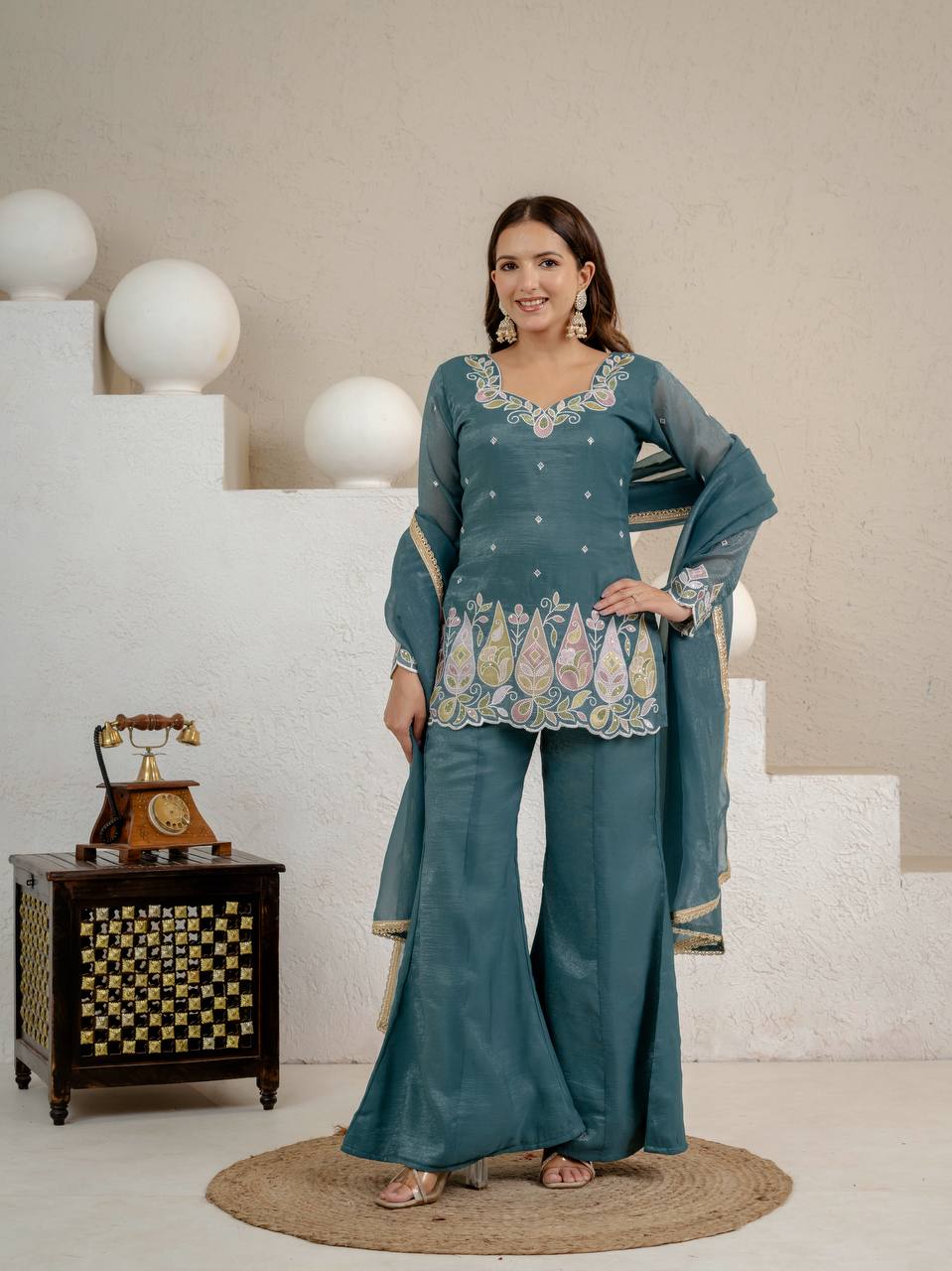 Premium Teal Blue Floral Thread Work With Kurta Set for Women