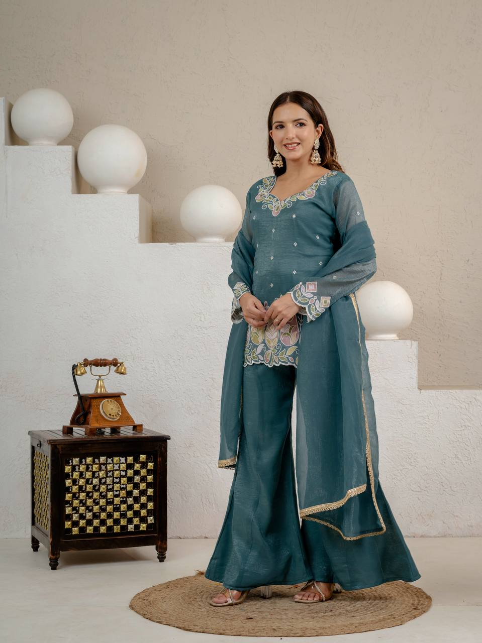 Premium Teal Blue Floral Thread Work With Kurta Set for Women