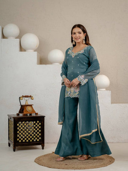 Premium Teal Blue Floral Thread Work With Kurta Set for Women