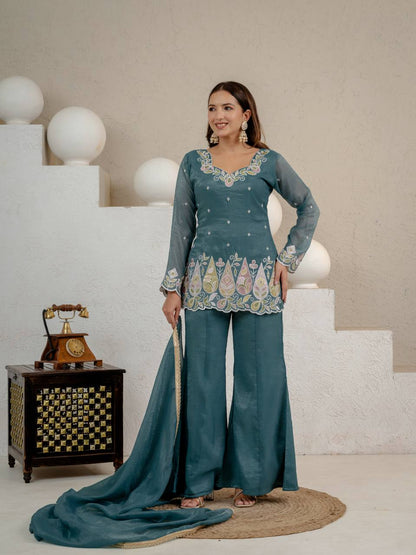 Premium Teal Blue Floral Thread Work With Kurta Set for Women