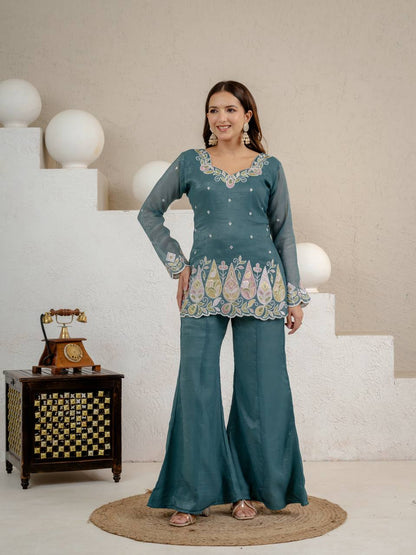 Premium Teal Blue Floral Thread Work With Kurta Set for Women