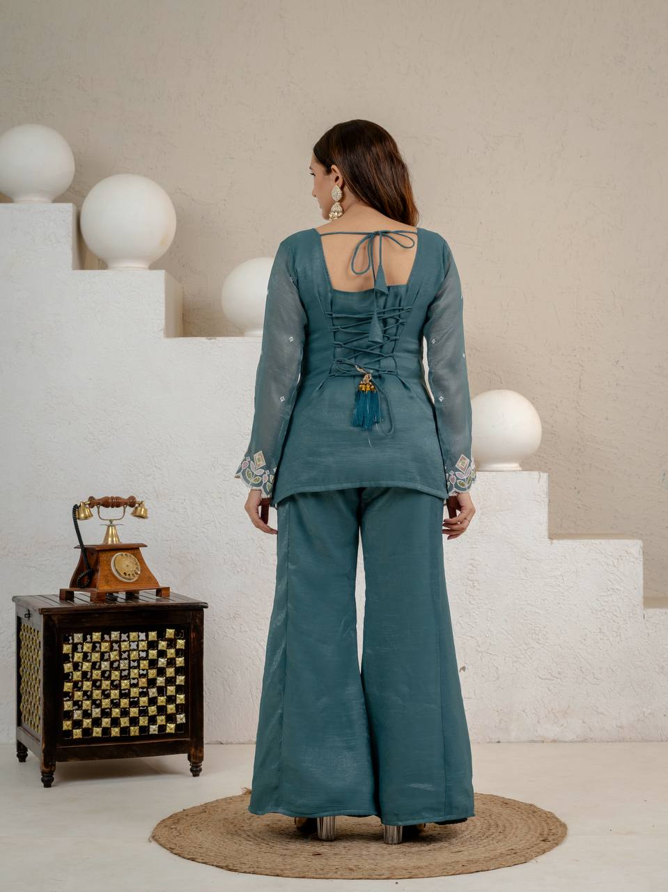 Premium Teal Blue Floral Thread Work With Kurta Set for Women