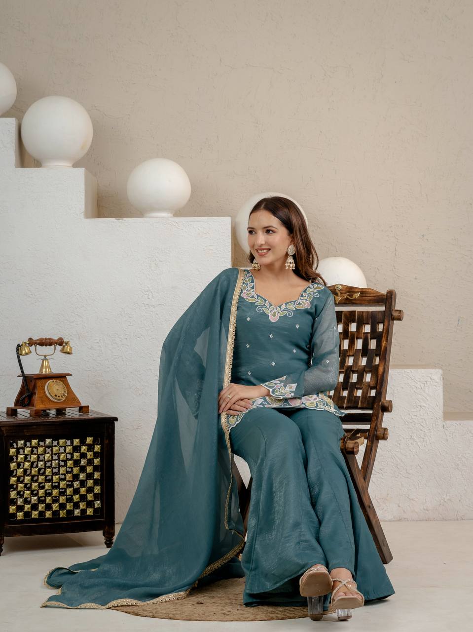 Premium Teal Blue Floral Thread Work With Kurta Set for Women