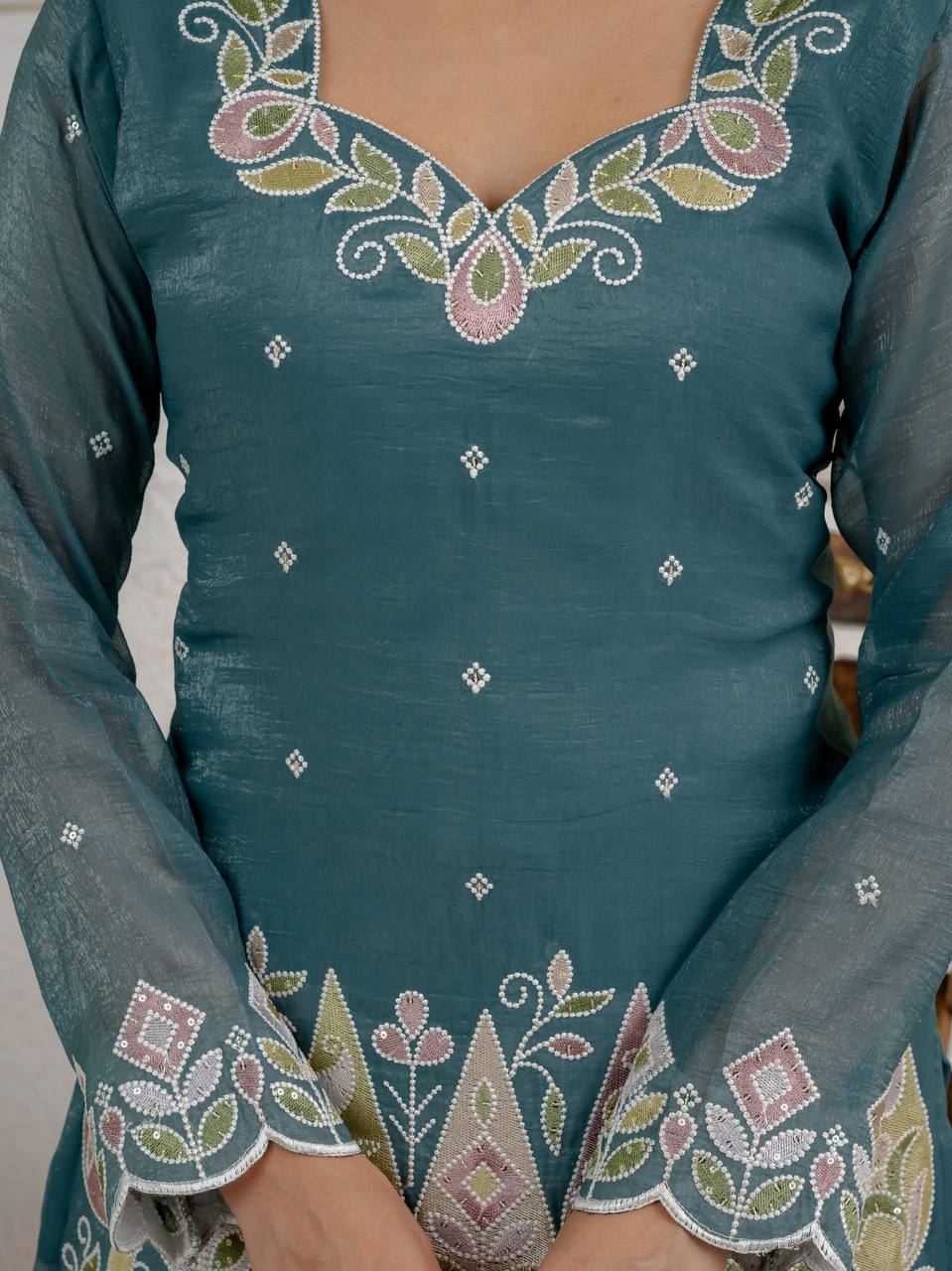 Premium Teal Blue Floral Thread Work With Kurta Set for Women