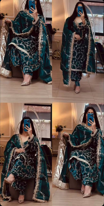 Bottle Green & Black Floral Embroidered Suit with Dupatta