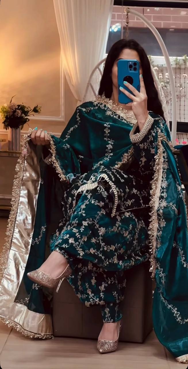 Bottle Green & Black Floral Embroidered Suit with Dupatta