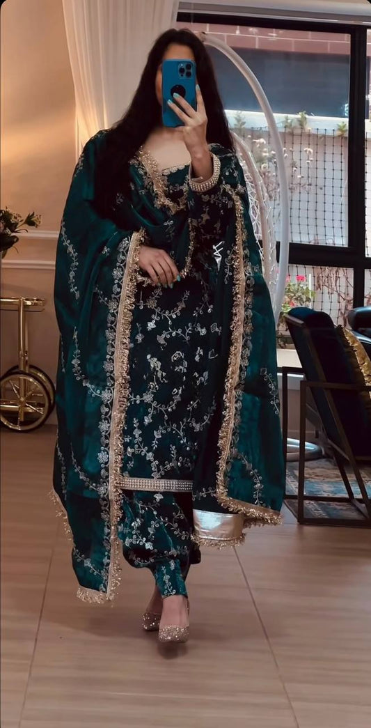 Bottle Green & Black Floral Embroidered Suit with Dupatta