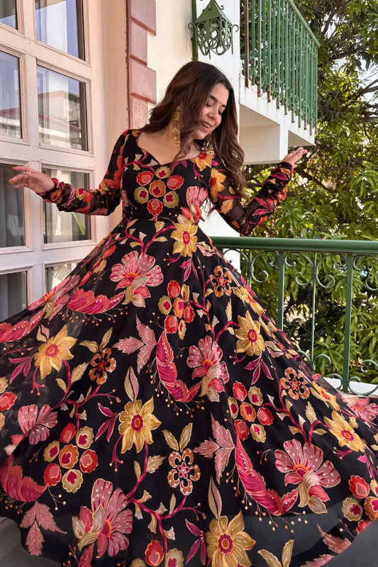 Black Floral Printed Anarkali Suit with Dupatta