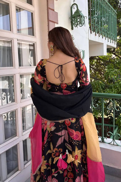 Black Floral Printed Anarkali Suit with Dupatta