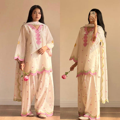 Ivory Pink Heart Embroidery thread Work Farshi Salwar Suit Set
