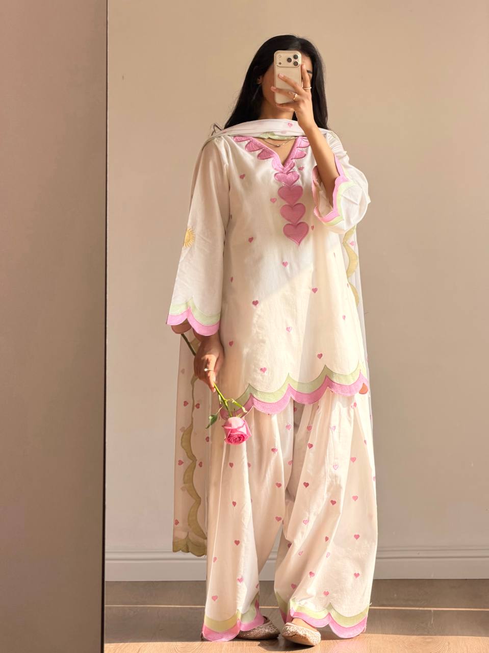 Ivory Pink Heart Embroidery thread Work Farshi Salwar Suit Set