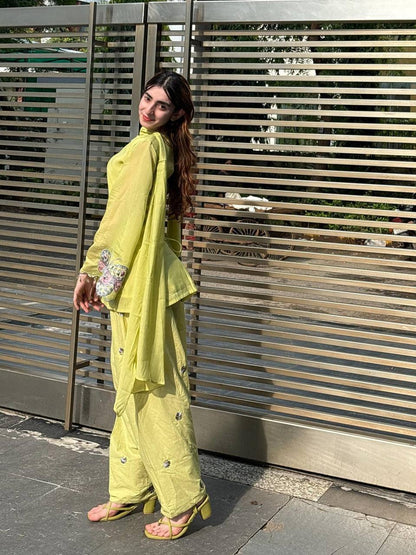 Olive Green Floral Embroidered Straight Kurta with Farshi salwar