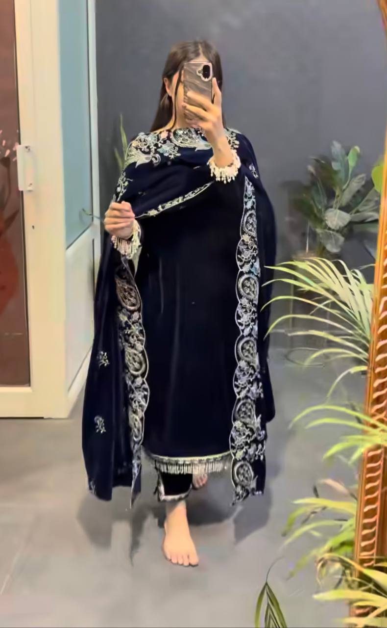 Luxury Maroon Velvet Embroidery Ensemble