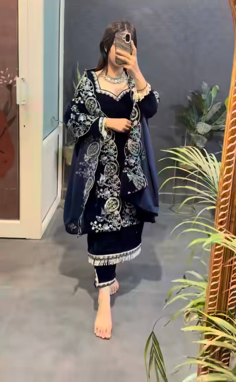 Luxury Maroon Velvet Embroidery Ensemble